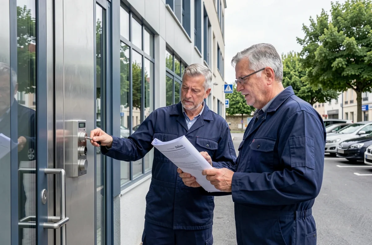 Deux serruriers d'Ac Pro Serruriers SARL inspectant une serrure multipoints sur un bâtiment commercial de la Drôme
