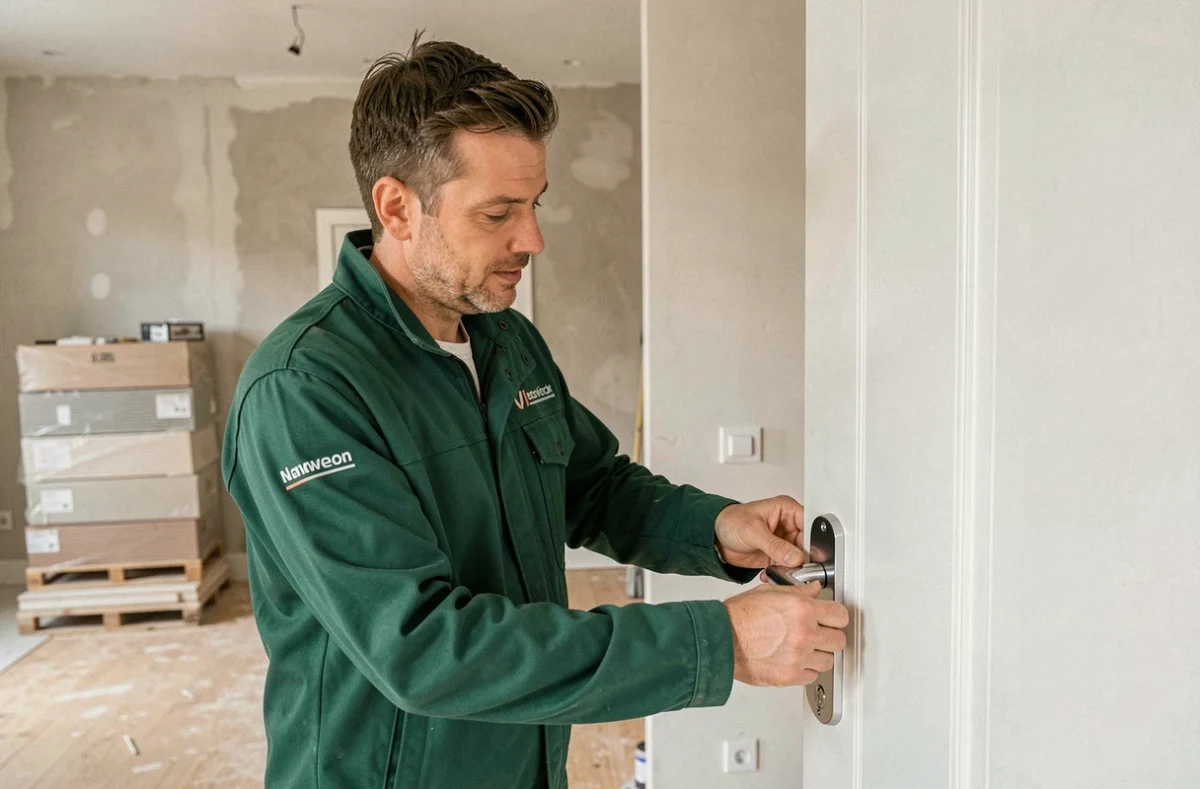 Technicien d'Activ'Pose installant une serrure sur une porte intérieure lors d'une rénovation dans la Drôme