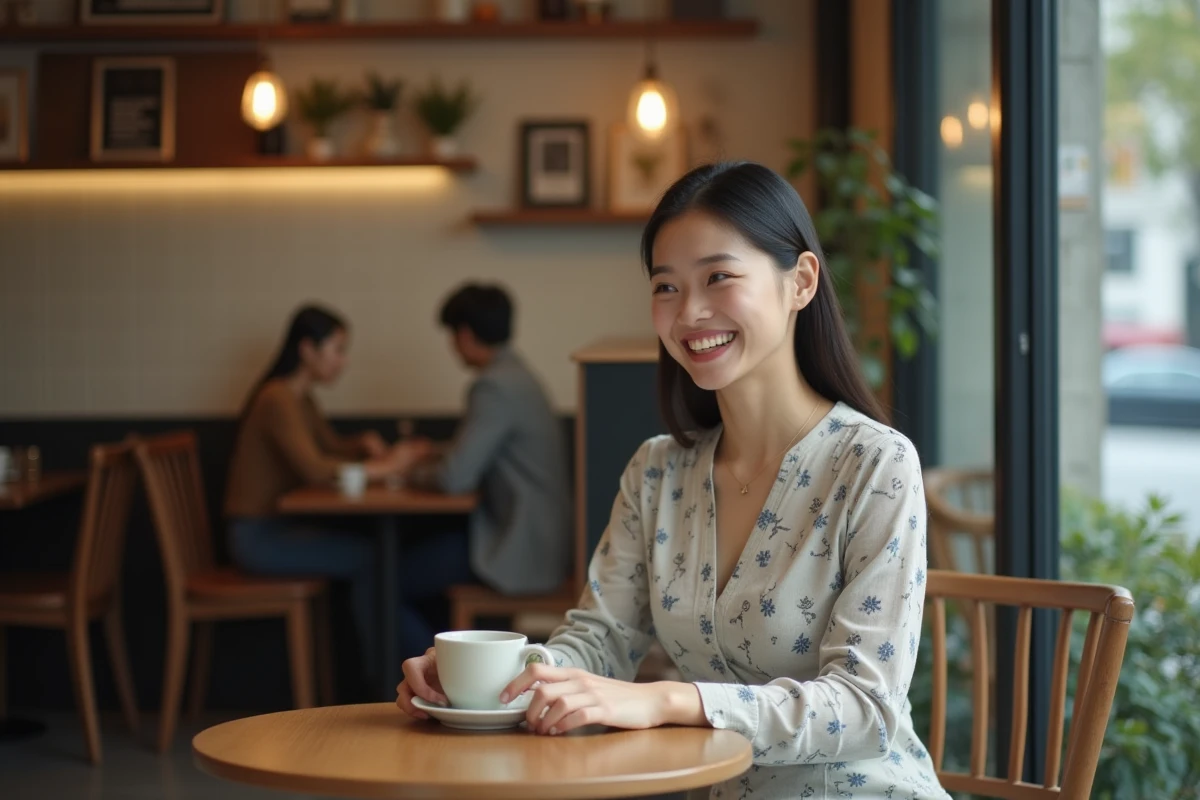 Jeune actrice asiatique souriante dans un café urbain, ambiance éditoriale authentique