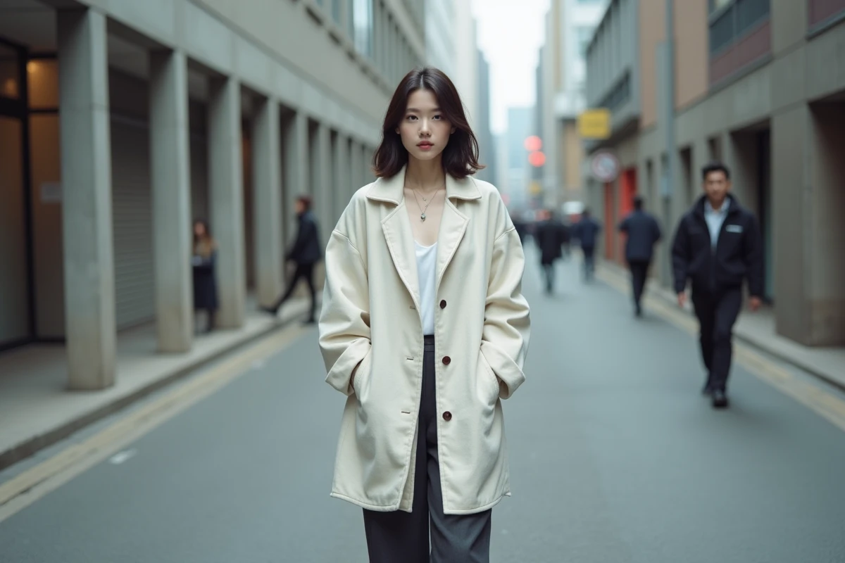 Actrice coréenne en manteau lin dans une rue urbaine, portrait éditorial en pied confiant