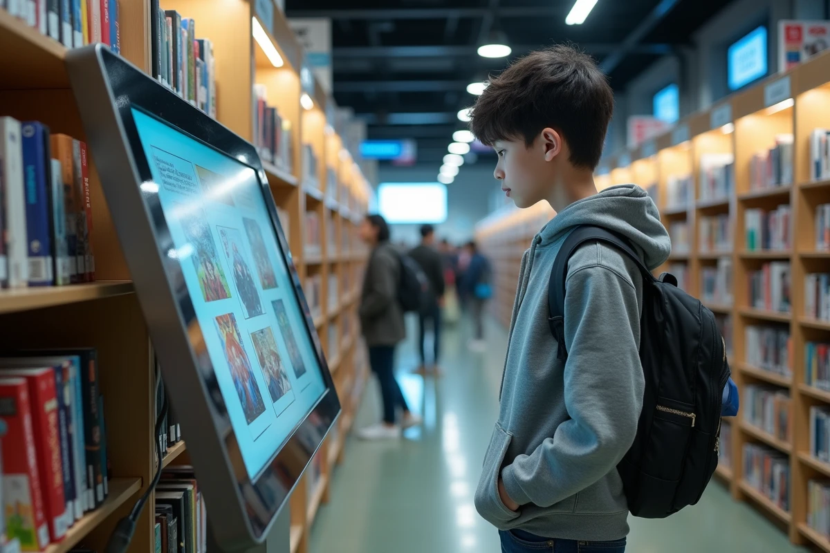 Adolescent parcourant manga sur un kiosque dans une bibliothèque