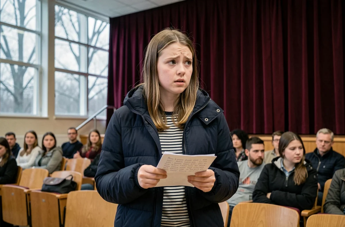 Adolescente récitant son premier poème sur scène lors d'un récital scolaire d'hiver, émue et concentrée