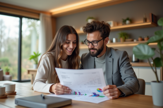 Agent immobilier et couple examinant une estimation de maison dans une cuisine lumineuse