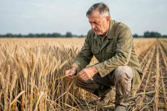 Agriculteur français examinant ses cultures de blé dans un champ rural, illustration de la gestion agricole dans Simagri France 3