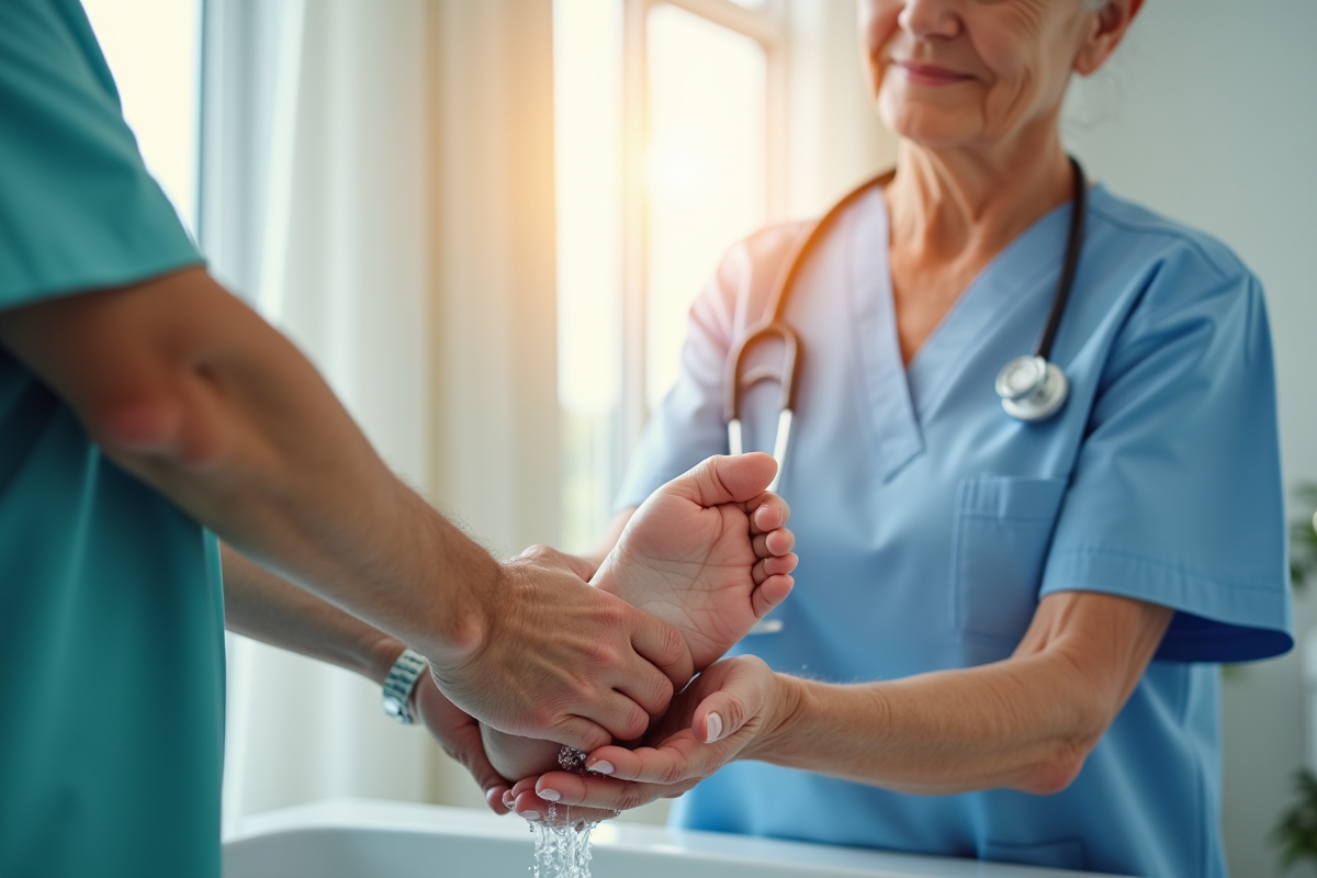 Professionnel de santé aidant un patient âgé à se laver les pieds