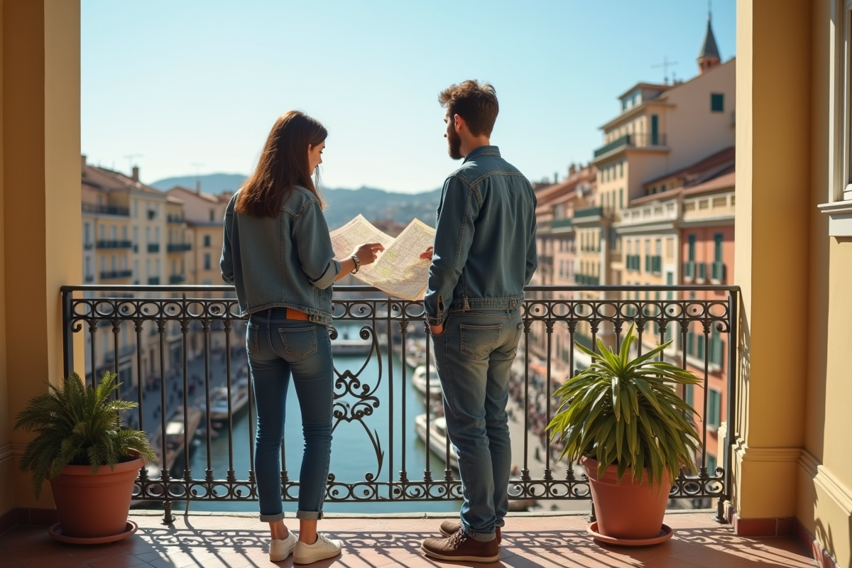 Deux amis regardant la ville de Nice depuis un balcon ensoleille
