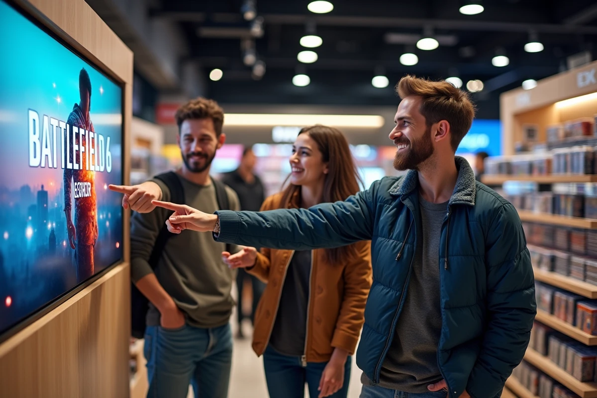 Trois amis dans un magasin de jeux vidéo Battlefield 6