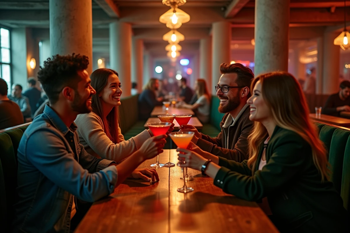 Groupe d'amis trinquant avec des cocktails dans un lounge festif à Lille lors d'une soirée avec DJ