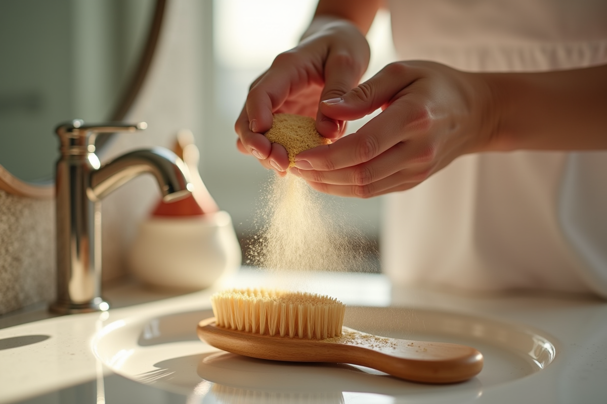 Mains saupoudrant de la levure de bière sur une brosse à cheveux