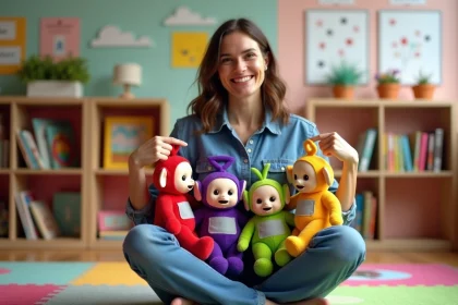 Femme tenant quatre peluches Télétubbies colorées pour apprendre leurs noms facilement