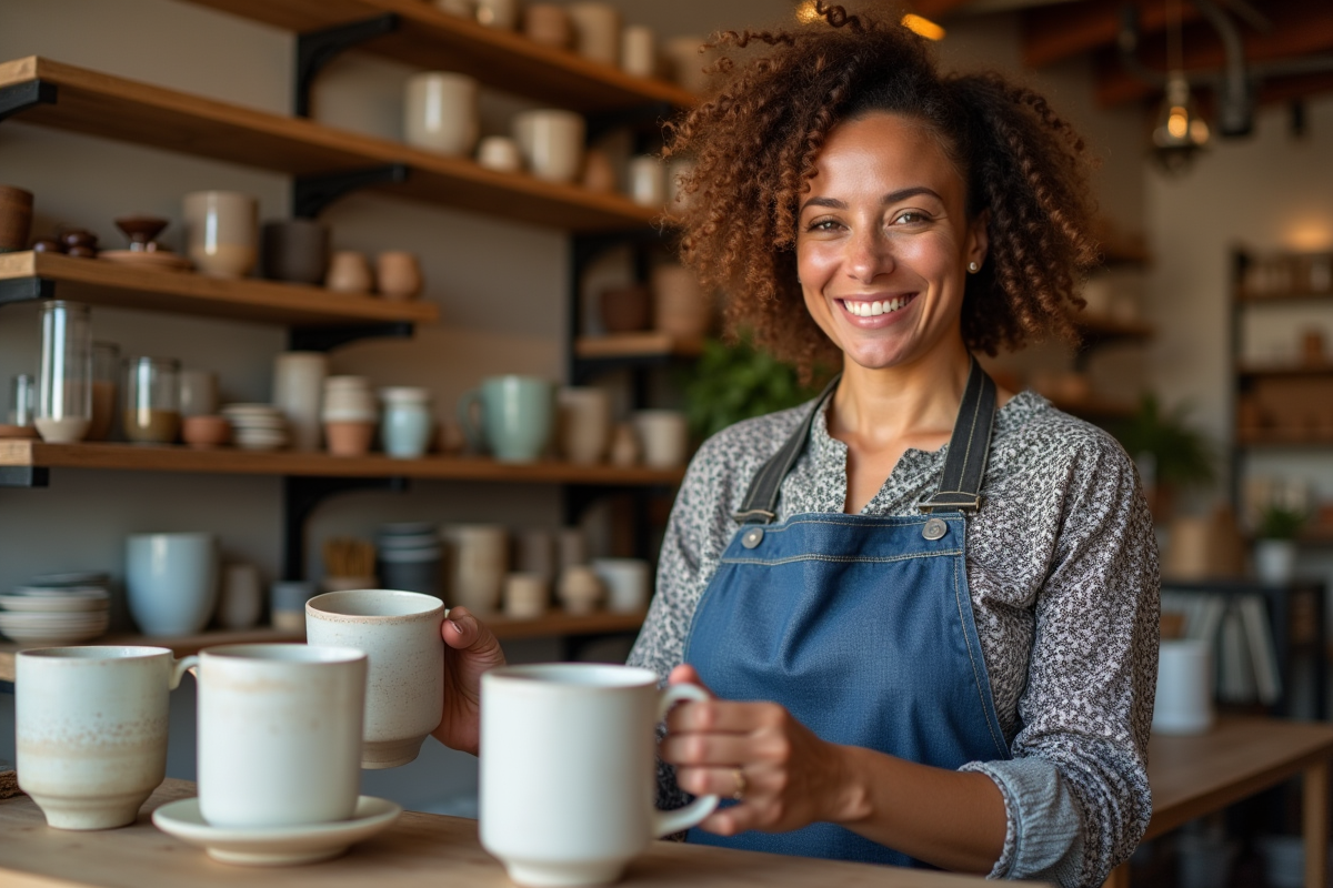 Artisane souriante arrangeant des mugs en céramique artisanale