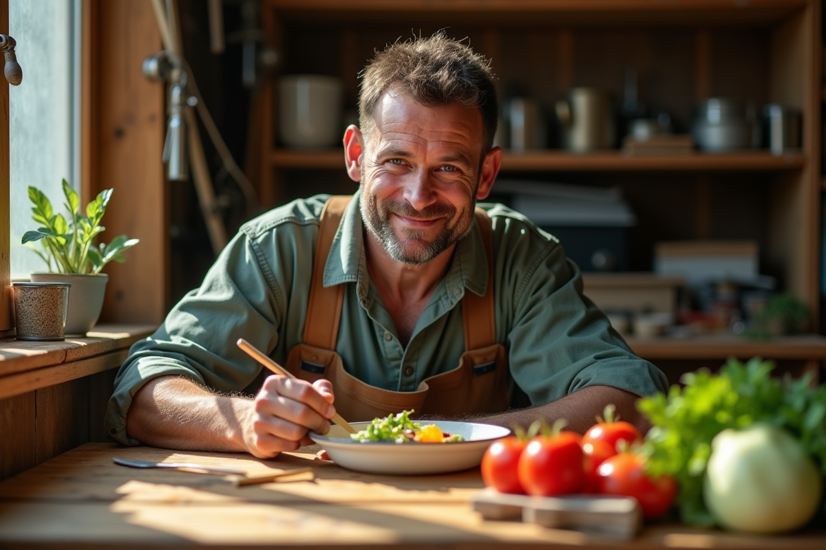 Artisan en tenue de travail dégustant un repas sain dans son atelier