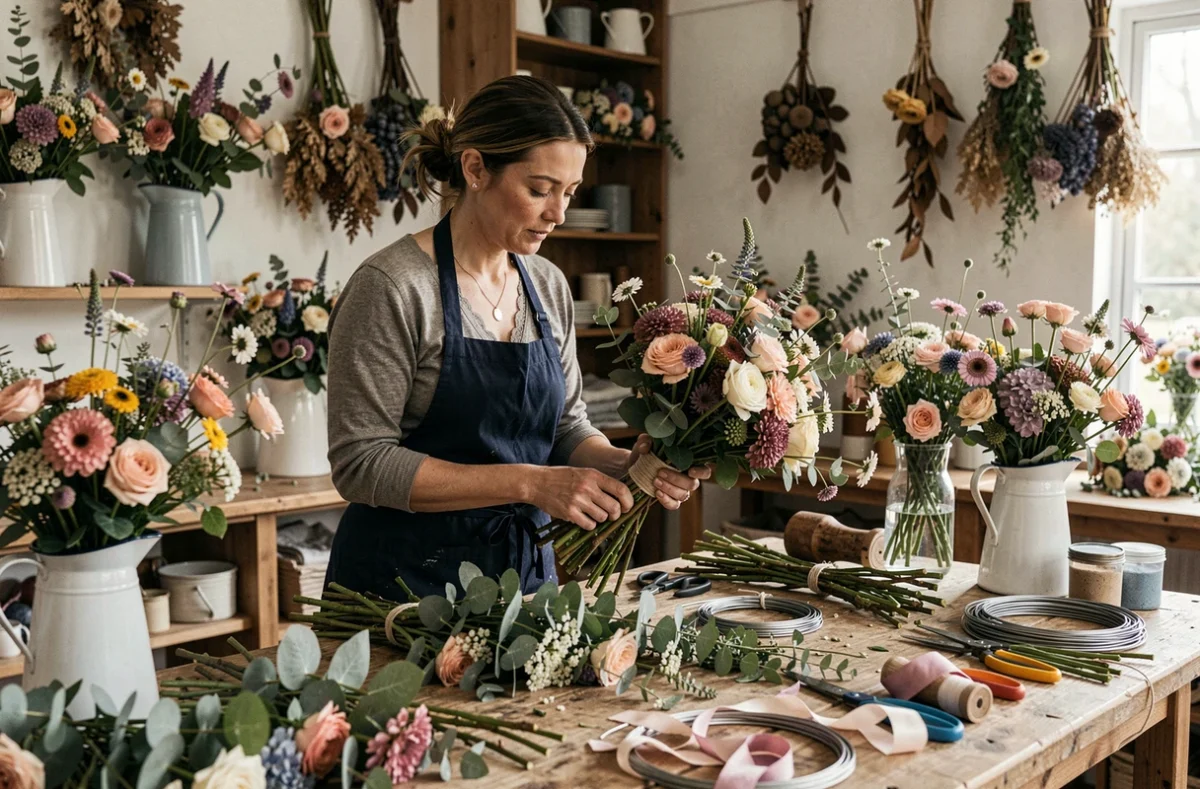 Atelier de L'Atelier des Fleurs avec une grande table de travail couverte de tiges fraîches et de feuillages pour créations