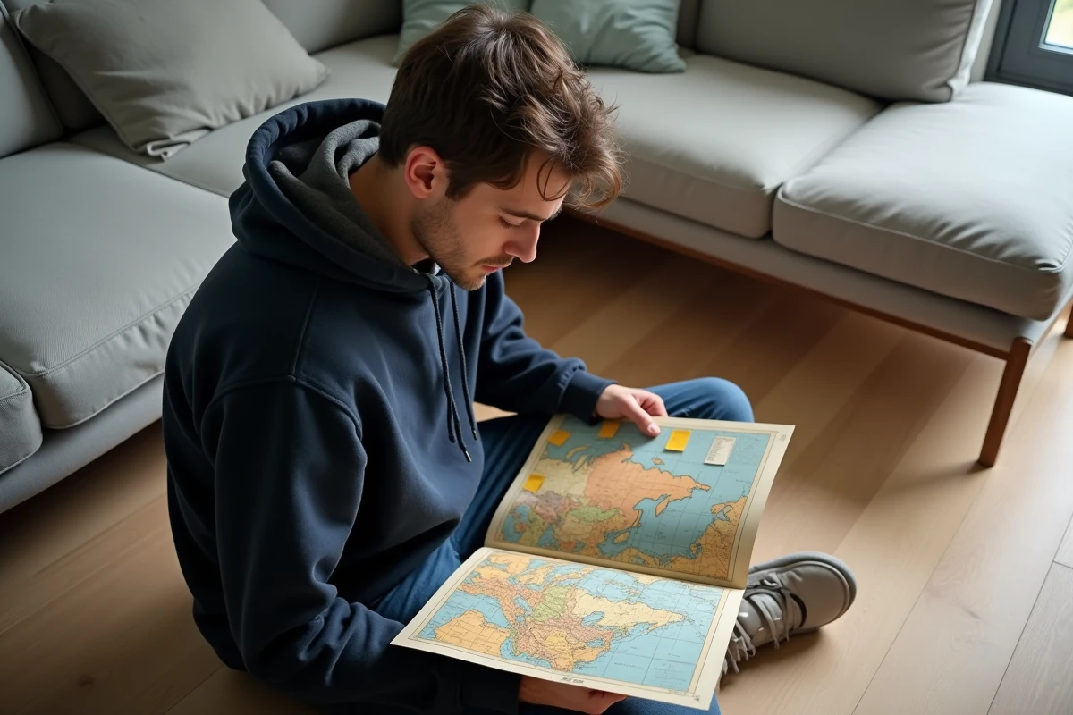 Homme consultant un atlas vintage ouvert sur la carte de Russie avec des aide-mémoire manuscrits