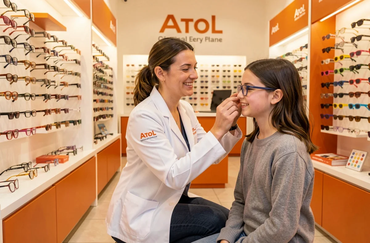 Opticienne Atol mon Opticien à Cergy aidant une jeune cliente à choisir une monture dans un magasin aux couleurs orange et blanc