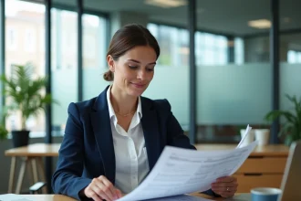Fonctionnaire attachée hors classe analysant une grille salariale dans un bureau administratif moderne
