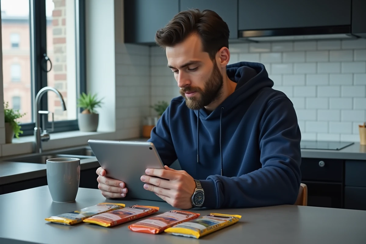 Homme consultant les avis d'un site de vente de cartes Pokémon sur une tablette avec des boosters posés sur le comptoir