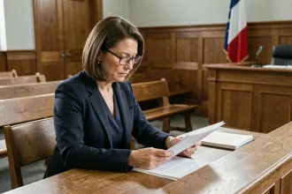 Avocate consultant des documents juridiques dans une salle d'audience française, illustrant une affaire de mesure d'éloignement non respectée