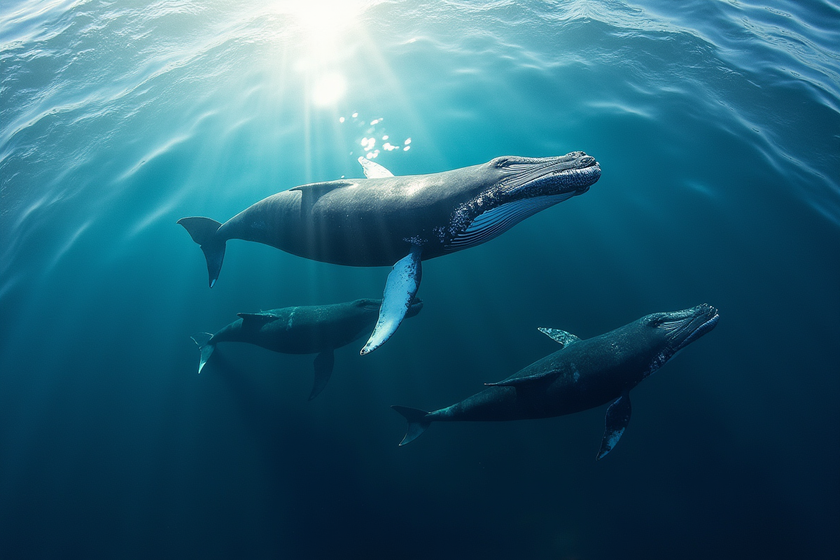 Baleines nageant près de la surface en journée lumineuse