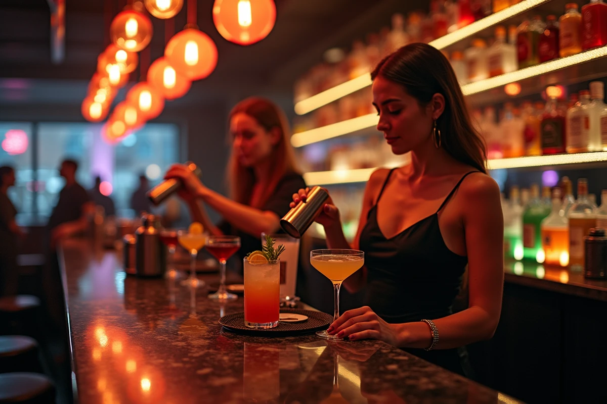 Barmaids préparant des cocktails élaborés dans un bar festif de Lille avec dance floor en arrière-plan