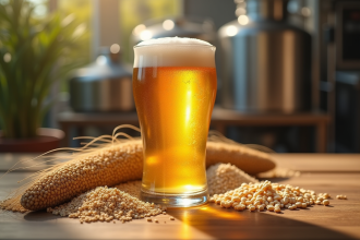 Bière dorée sans gluten sur une table en bois entourée de grains