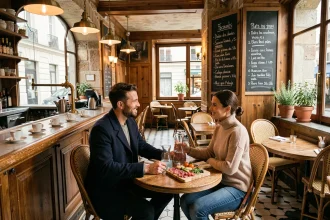 Intérieur authentique d'un bistro parisien près du passage Vivienne avec bar en zinc, menu à la craie et clients attablés