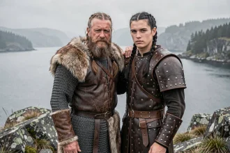 Deux guerriers vikings père et fils en armure médiévale debout sur une falaise nordique brumeuse, illustrant la relation entre Bjorn Ironside et Ragnar Lothbrok