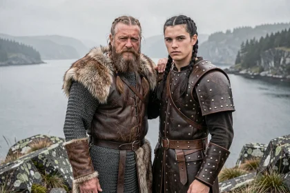 Deux guerriers vikings père et fils en armure médiévale debout sur une falaise nordique brumeuse, illustrant la relation entre Bjorn Ironside et Ragnar Lothbrok