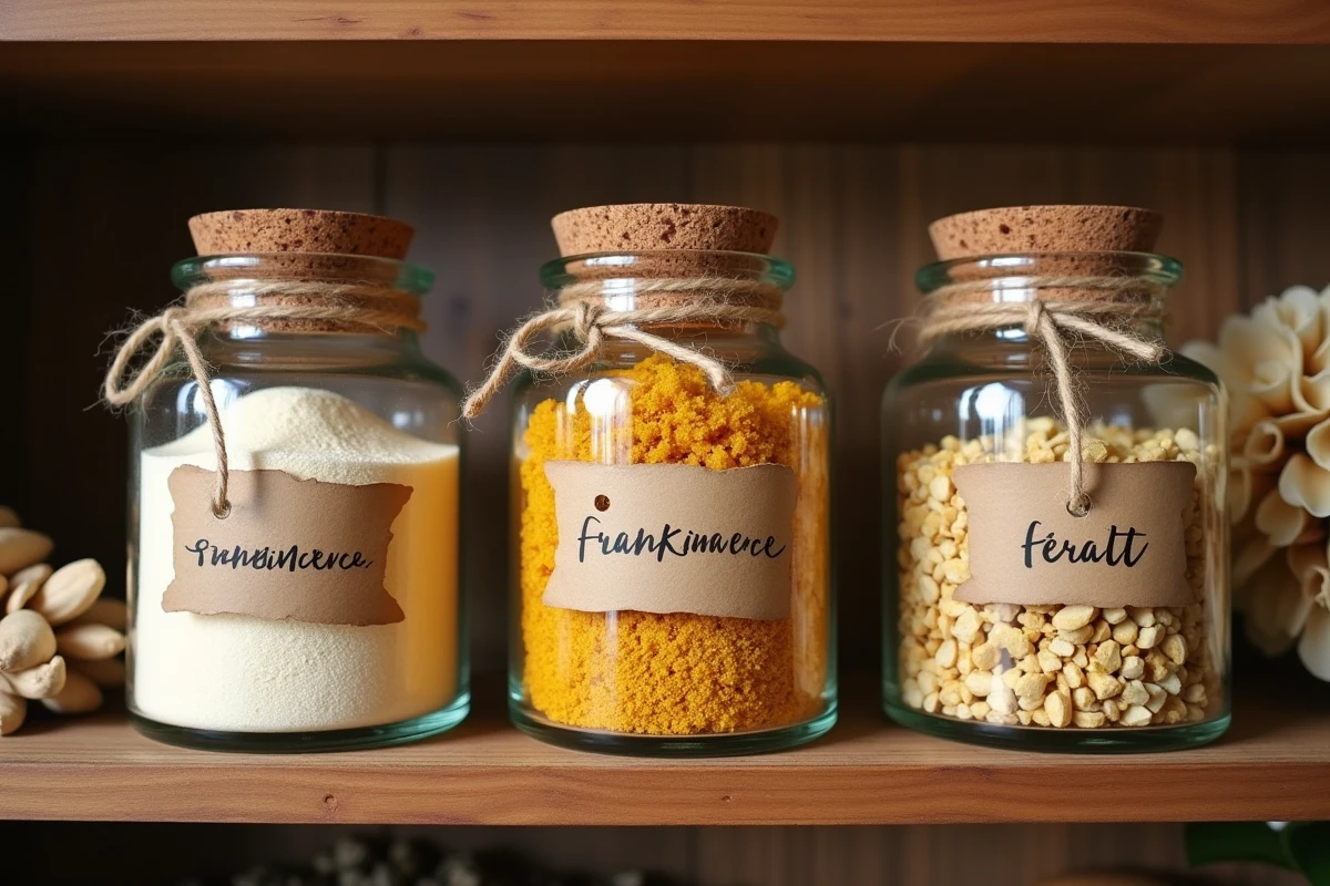 Trois bocaux en verre étiquetés contenant du louban en poudre, en grains et en gomme sur une étagère en bois dans une herboristerie