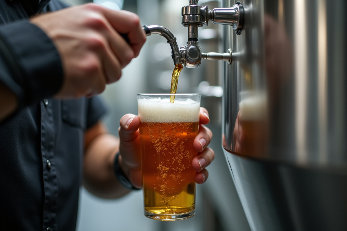 Main de brasseur versant une bière sans gluten dans un verre dans une brasserie moderne