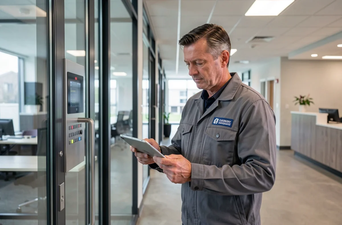 Technicien de Building Service inspectant un système de contrôle d'accès dans un bâtiment commercial de la Drôme