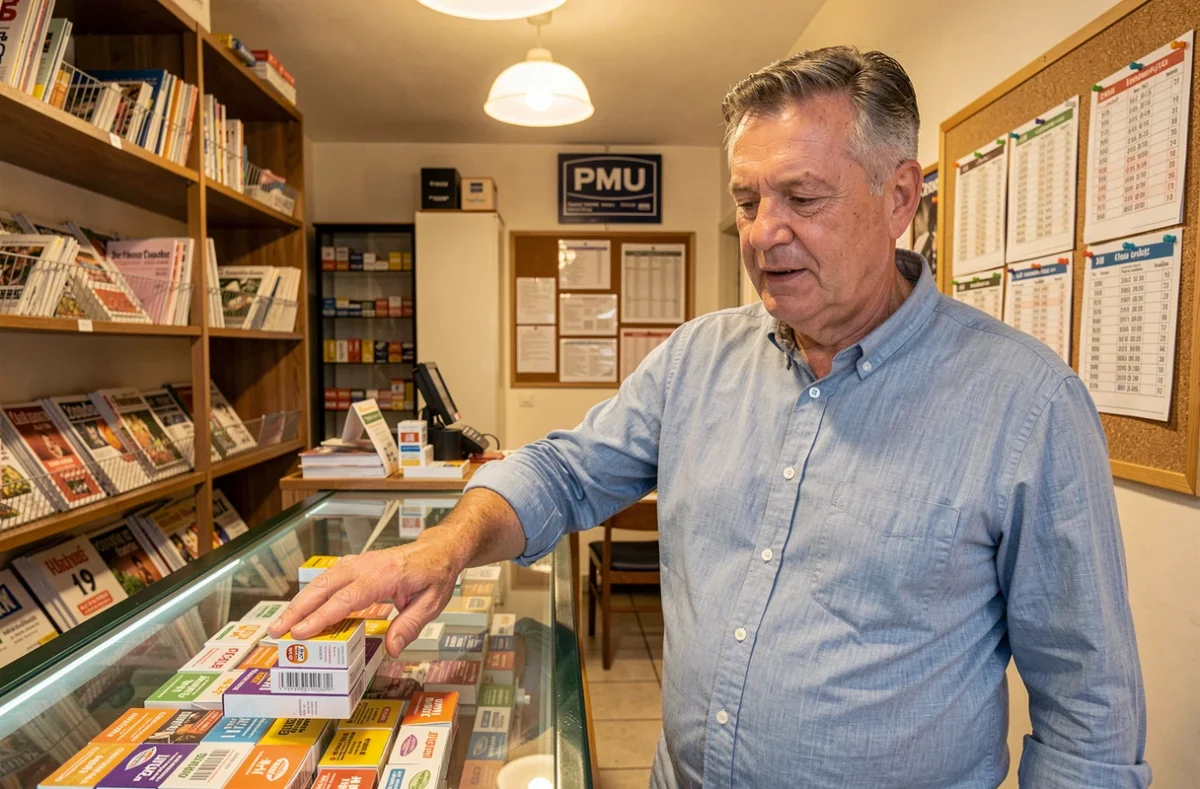 Buraliste derrière le comptoir d'un bureau de tabac proposant cigarettes et tickets de loterie