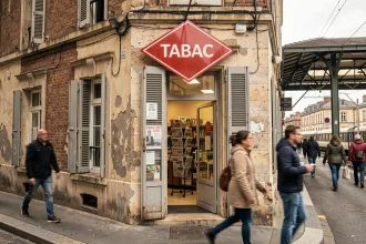 Devanture d'un bureau de tabac traditionnel français près d'une gare avec enseigne rouge losange