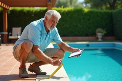Homme mesurant les dimensions d'une piscine rectangulaire pour calculer le volume en mètres cubes et litres