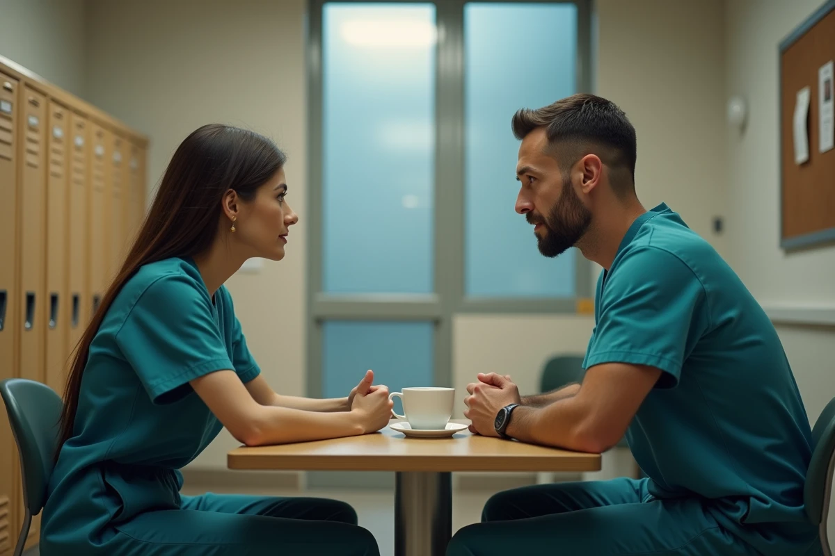 Un homme et une femme médecins assis face à face dans une salle de pause hospitalière, tension émotionnelle palpable illustrant une relation professionnelle et romantique complexe