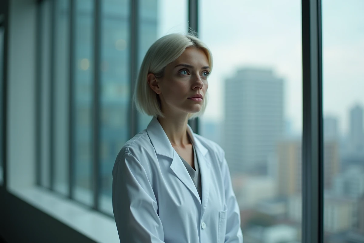 Femme médecin en blouse blanche regardant par une fenêtre d'hôpital avec une expression mélancolique, symbolisant les questionnements intérieurs liés à une relation amoureuse au travail