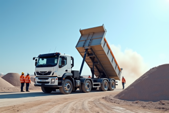Camion benne blanc de 3 5 tonnes sur un chantier ensoleille avec des ouvriers