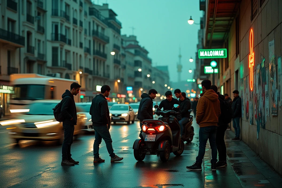 Carrefour animé de Marseille au crépuscule, trafic intense et groupes de jeunes dans un quartier urbain dense, ambiance de tension sociale