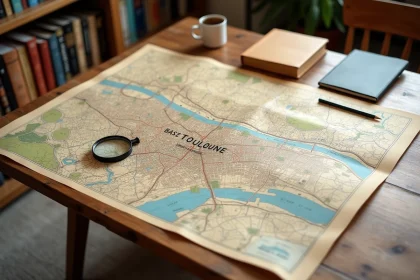 Carte détaillée de Toulouse imprimée en haute résolution posée sur un bureau en bois avec loupe et crayon