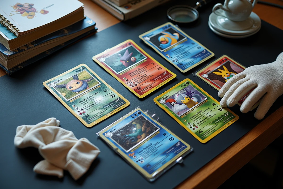 Vue aérienne de cartes Pokémon rares holographiques étalées sur une surface sombre avec des gants de collection et une loupe