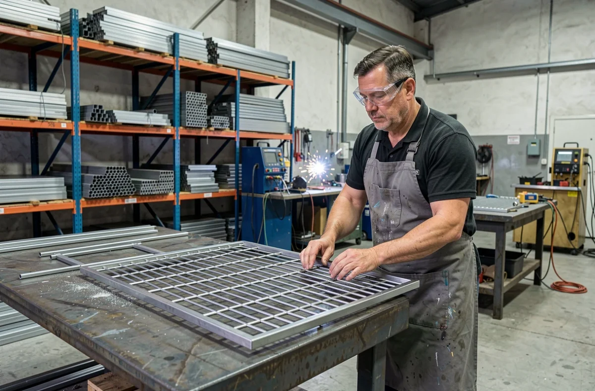 Artisan de Cengar Métal travaillant sur une grille en acier dans un atelier métallurgique de la Drôme