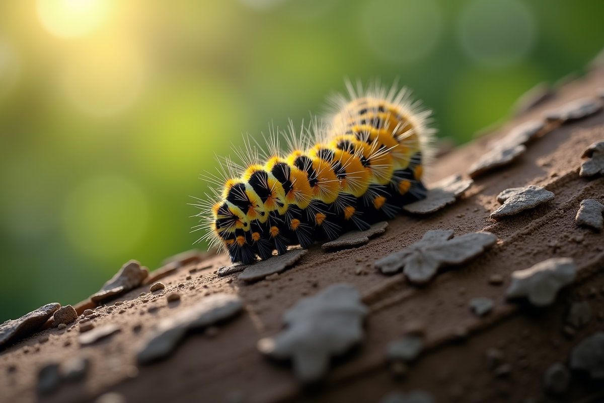 Chenille jaune et noire enroulée sur l