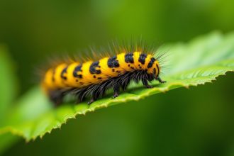 Chenille jaune et noire sur une feuille verte lumineuse
