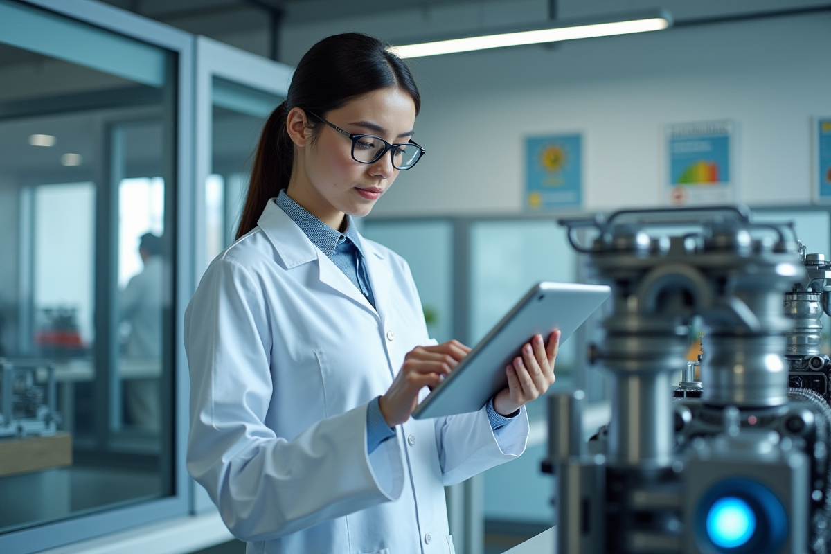 Jeune femme scientifique analysant donnees sur tablette