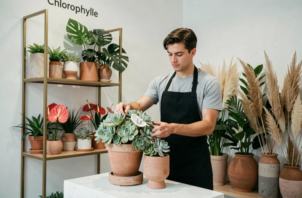 Intérieur contemporain de Chlorophylle avec des plantes tropicales et succulentes dans des vases en céramique sur étagères en laiton
