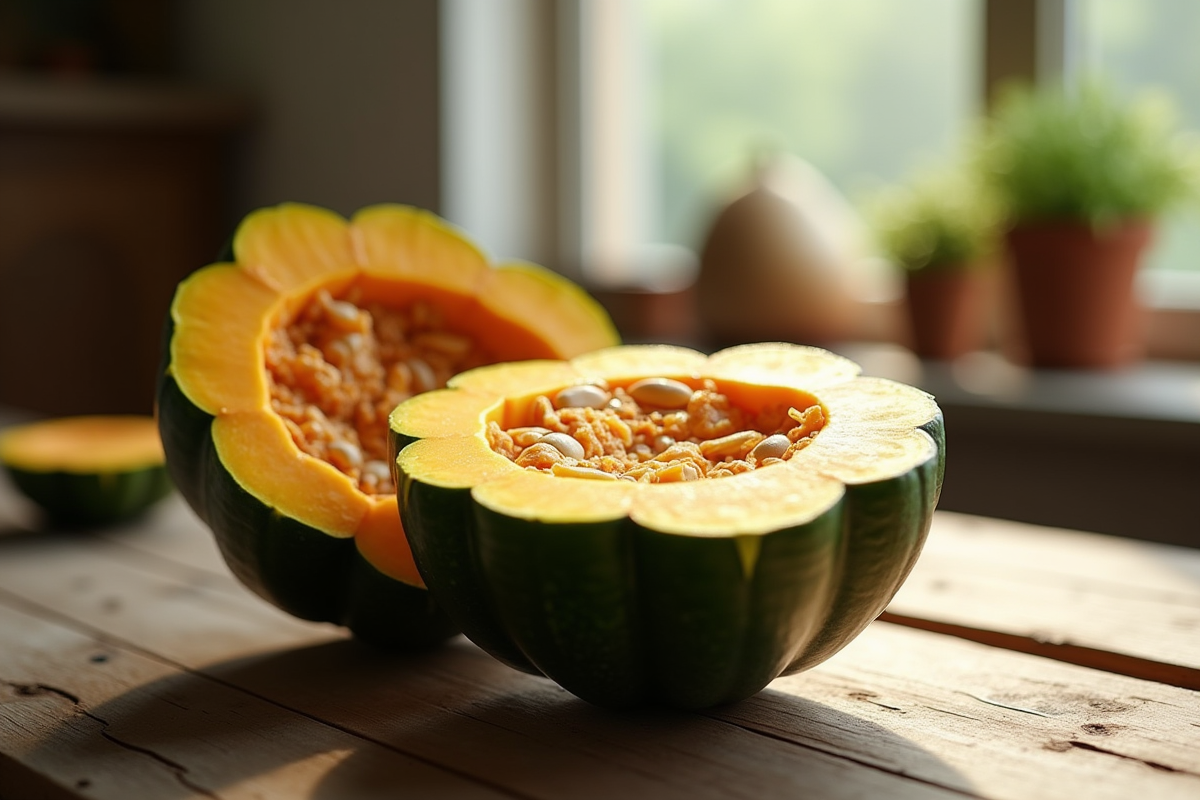 Citrouille verte coupee sur une table en bois avec graines visibles