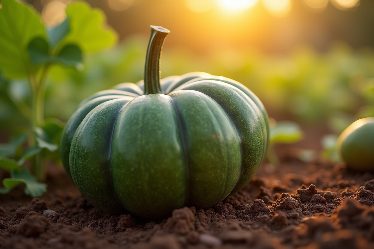 Citrouille verte dans un jardin ensoleille avec lumiere naturelle