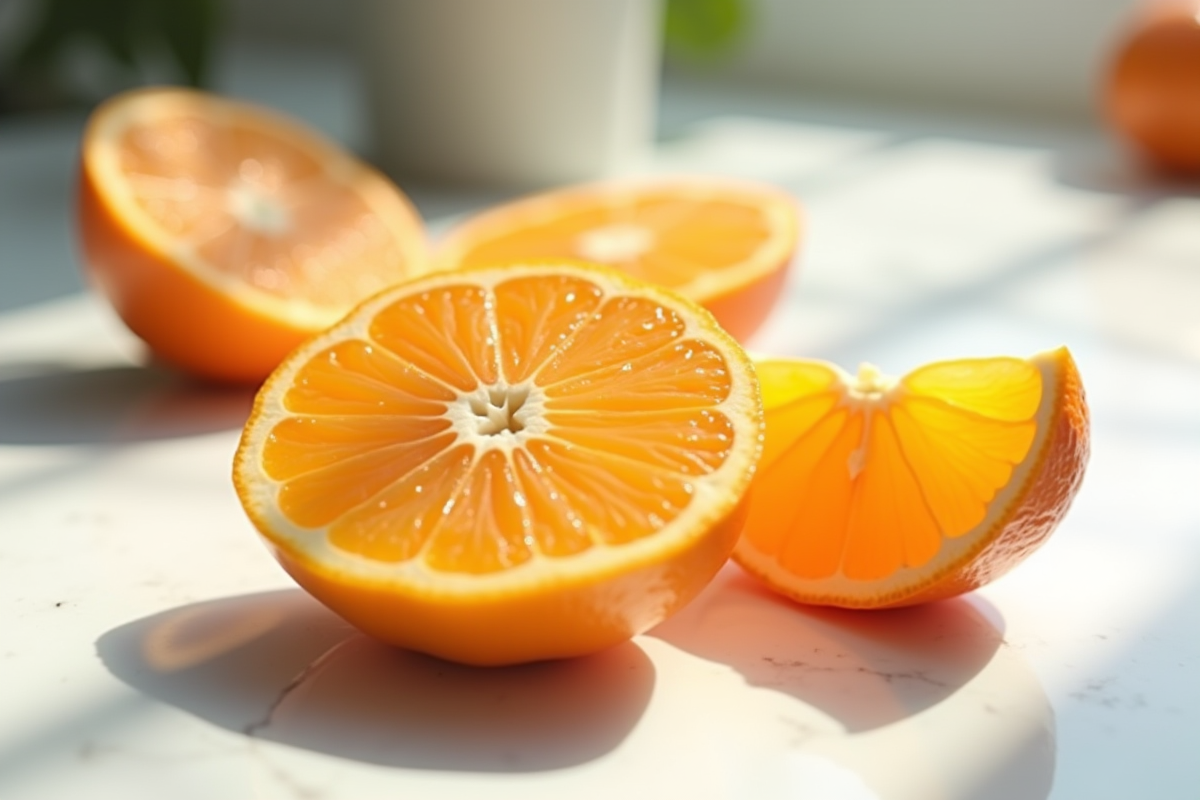 Clementine fraîche coupée sur marbre lumineux