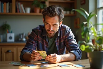 Homme examine une carte Pokémon nostalgique dans une cuisine chaleureuse