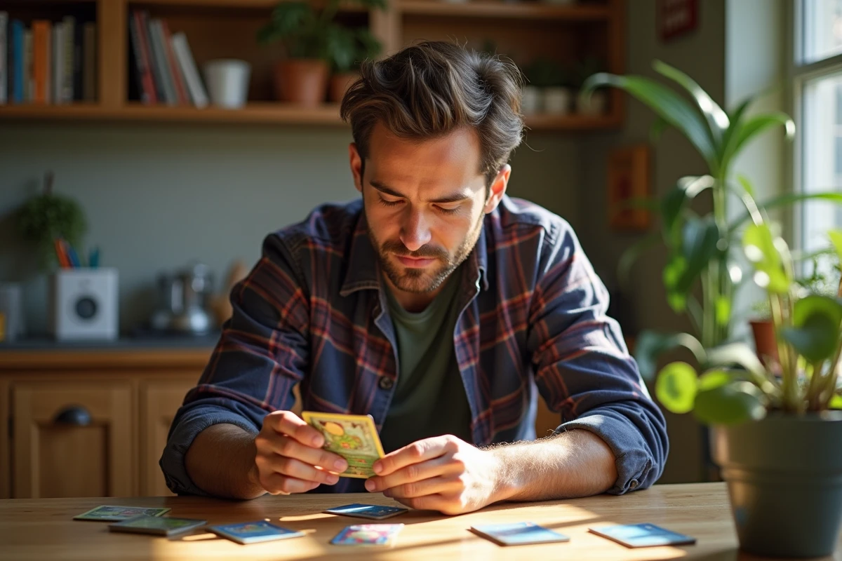 Homme examine une carte Pokémon nostalgique dans une cuisine chaleureuse